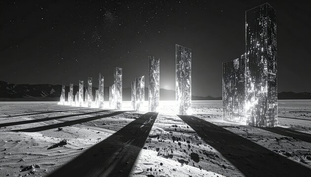 Towering abstract sculptures of pure light and digital data stand in a desert landscape under a starry night sky, casting long distorted shadows across the textured ground.
