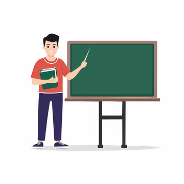 Teacher with Book and Pointer at Chalkboard