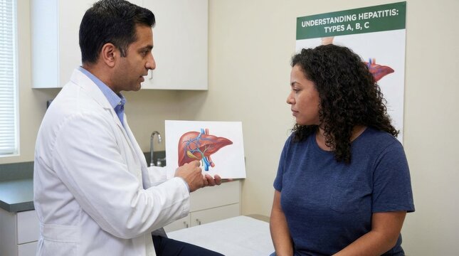 Clinical advice session: doctor instruct, patient hear, liver diagram, disease etiology, hepatitis insight, health education, viral illness, discuss prognosis, organ care plan, wellbeing strategy.