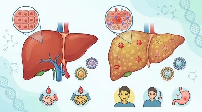 Liver organ ailment: healthy state, diseased condition, hepatitis virus, cell damage, inflammation process, body symptom, disease transmission, blood contact, prevention method, public awareness.
