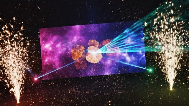 Abstract animation featuring vibrant laser beams, a galaxy backdrop, and energetic sparks for futuristic visuals.