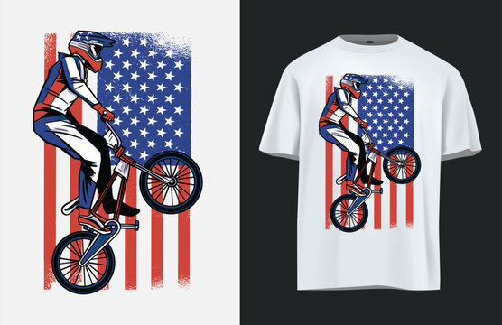 Bmx Rider Illustration With American Flag Background Vector Graphic