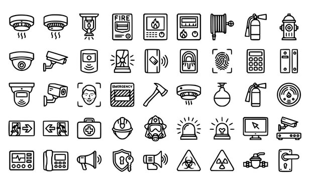Security surveillance and fire safety monoline icon set with detectors sprinklers CCTV cameras and alarm equipment vector illustration