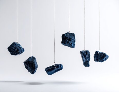 Seven dark blue, textured objects hang suspended by thin threads