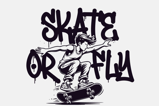 Skate or Fly Graffiti Art: A dynamic illustration of a young person in mid-air on a skateboard, with bold graffiti-style text reading SKATE OR FLY amplifying the sense of freedom and urban culture.