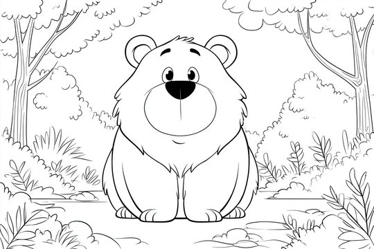 Cute Forest Bear Character for Kids Coloring Book Printable Black and White Line Art