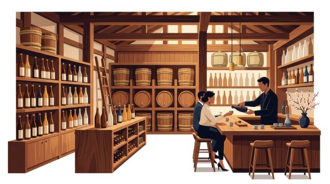 Japanese Sake Brewery Tasting Bar Interior Illustration