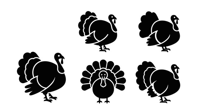 Set of Black Turkey Silhouettes on White Background