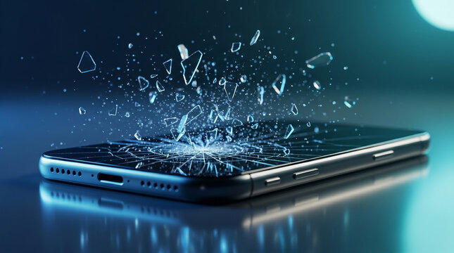 Smartphone screen shattering into tiny glass fragments on sleek surface with professional blue lighting highlighting electronic device destruction concept and mobile hardware failure.