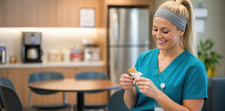 Generative AI, Nurse Eating a Snack Bar in Hospital Break Room