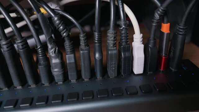 A close pan across a busy USB hub filled with various connected cables and glowing blue lights. Concept of digital connectivity, data transfer overload, and modern workspace technology.