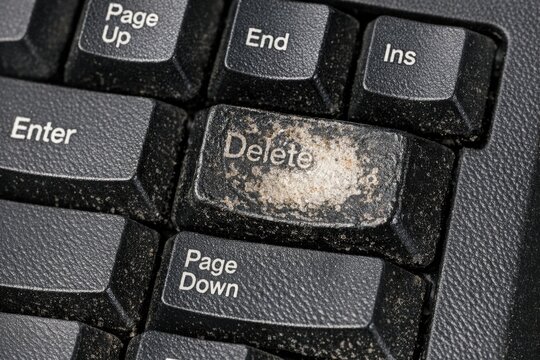 A close-up shot of a dirty computer keyboard with dirt and dust accumulated