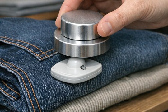 A close-up shot of a person's hand holding the button on a pair of jeans