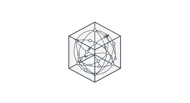 A minimalist line art illustration of a globe inside a geometric cube structure