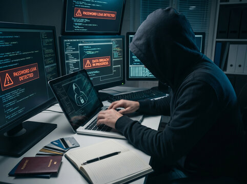Hooded individual engaging in illicit digital activities compromising sensitive personal data and exploiting system vulnerabilities; a compelling portrayal of contemporary cyber threats and data secur