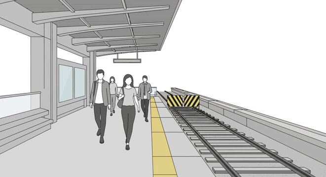 Gray-scale illustration of people walking on a train platform with a yellow safety line and train tracks.