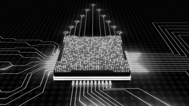 white color glowing circuit board microchip with binary code futuristic matrix data network hi tech design black technology background