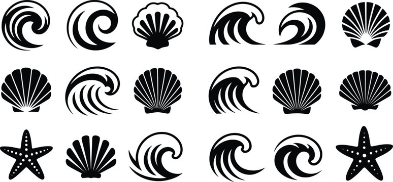 Marine Wave, Seashell and Starfish Vector Icon Collection, Ocean Wildlife Symbols for Coastal Logo Branding Design