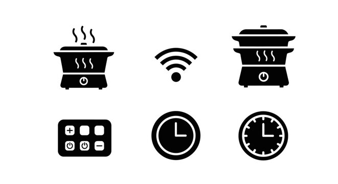 Smart Steamer Icons: Wi-Fi, Timer, Remote Control & Cooking Pots