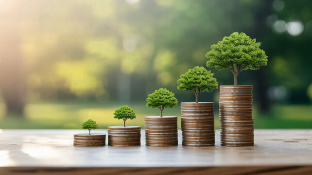 Five stacks of bronze coins arranged in ascending order, each topped with a small green tree, set against a blurred nature background