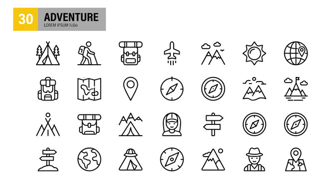 Collection of 3D line art adventure and travel icons featuring camping, hiking, and outdoor exploration symbols in black and white.