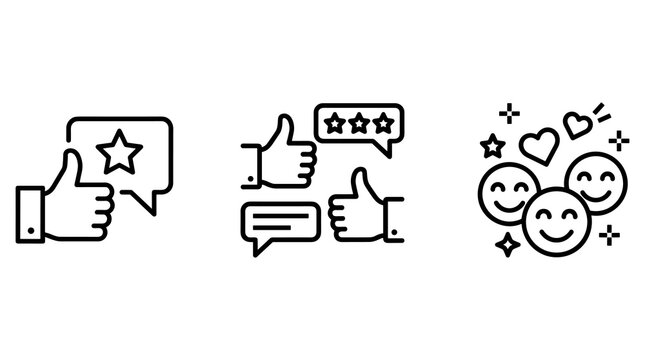 Vector illustration of data backup, security ratings, customer reviews, and satisfaction icons in line art style.