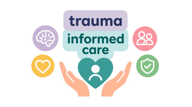 Trauma Informed Care Concept With Supportive Hands And Icons.