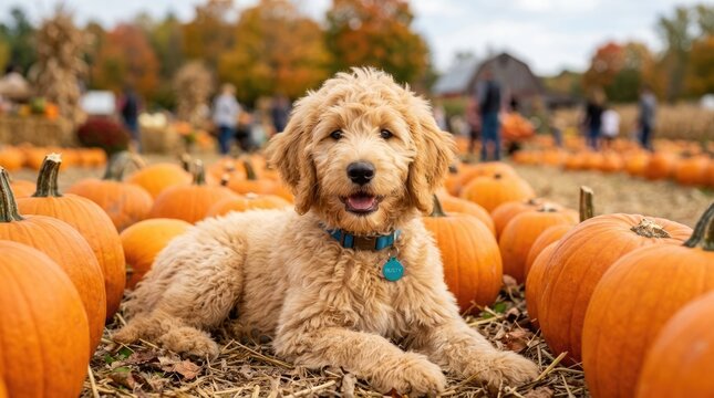 Golden doodle puppy in pumpkin patch festive halloween autumn scene for seasonal marketing