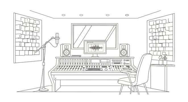 Professional music recording studio control room line art illustration, empty, with mixing console, monitor speakers, and microphone.