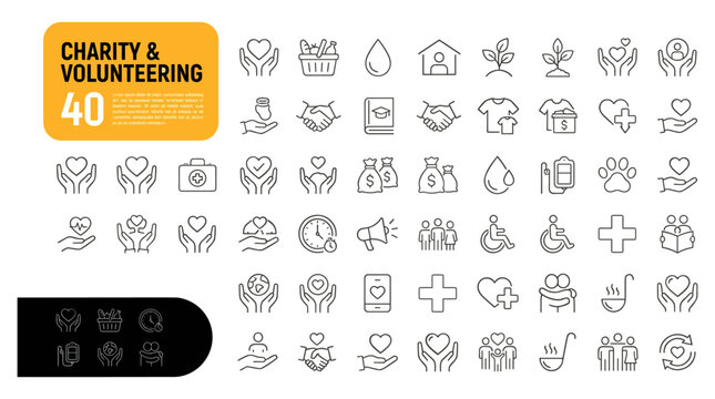 Vector illustration of charity and volunteering themed icons with hand drawn elements celebrating a 40th anniversary.