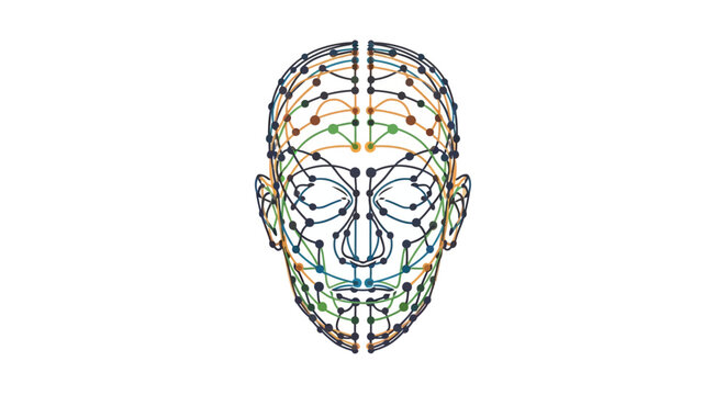 A digital illustration of a human face mapped with colorful geometric nodes and lines