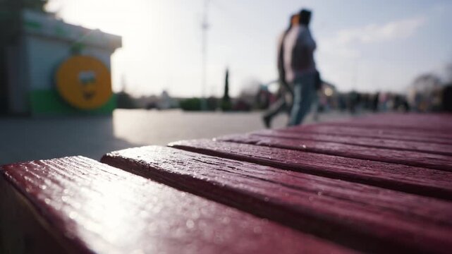 Dark red painted wooden planks form the seat of a public park bench. Blurred pedestrians walk past in the bright background. The shallow depth of field highlights the textured wood.