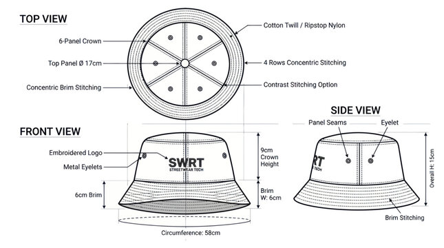 technical drawing of a bucket hat