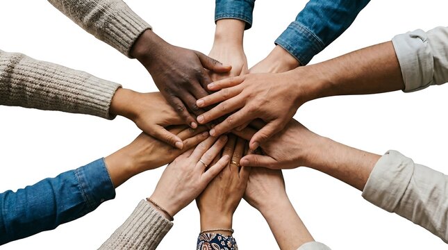 Hands Stacked Together for Unity Isolated on White Background - Strong concept of unity, teamwork, collaboration, community support, inclusion, diversity, and collective success. 