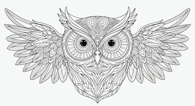 Intricate Mandala Owl Line Art Illustration with Spread Wings. Detailed Zentangle Design for Adult Coloring Books & Relaxation.