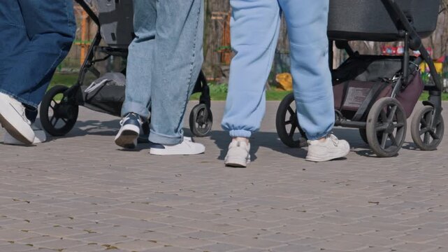 Legs of two parents walking side-by-side pushing baby strollers along a paved path in a public park. The individuals wear casual clothing and white sneakers on a bright sunny day.