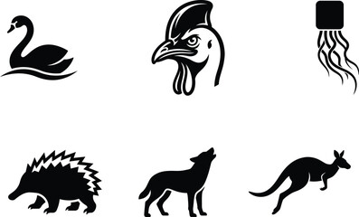 collection of animal silhouettes including swan rooster jellyfish porcupine wolf and kangaroo © saidur