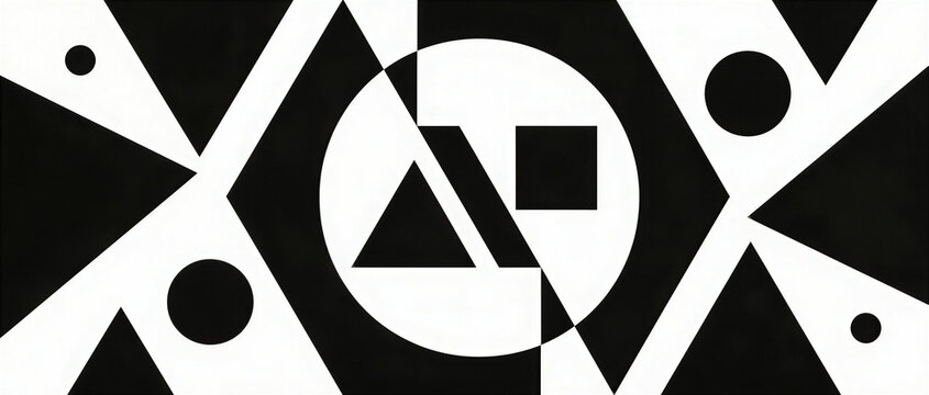 Abstract black and white geometric art pattern with circles triangles and squares in constructivist style