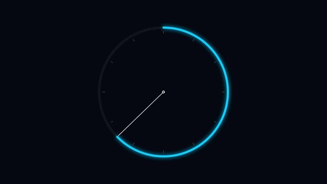 Analogue Speedometer Motion Graphic with Glowing Blue Arc and White Needle Accelerating on Minimalist Black Background
