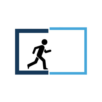 Man running out of a dark blue frame into a light blue frame.