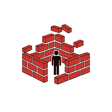 Man trapped inside a crumbling brick enclosure symbolizing confinement.