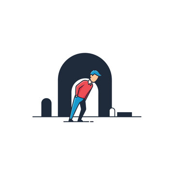 Man walking through archway with bent posture.