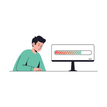 Man Watching Computer Loading Bar Progress.