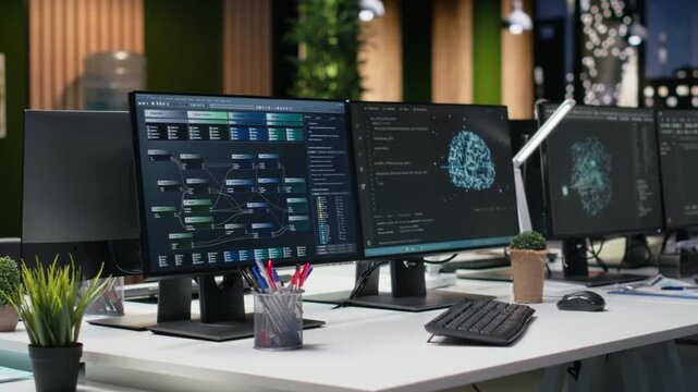 Computer in Silicon Valley company office used to automate app development tasks with machine learning. PCs in empty tech startup workplace leverage AI to accelerate feature implementation.