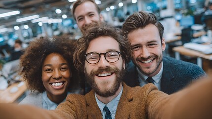 Fototapeta premium Happy diverse business team taking a selfie in a modern office, smiling and looking at the camera