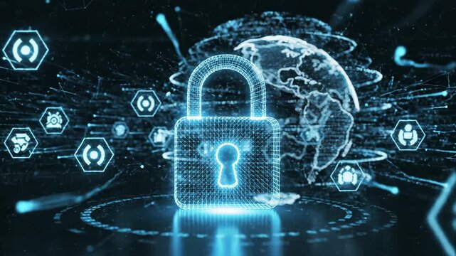 Abstract animation of a digital padlock symbolizing cybersecurity and data protection across a global network. Secure information and privacy in the digital world.