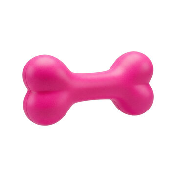 Floating vibrant hot pink vulcanized rubber bone-shaped dog chew toy, matte texture, medium close-up, sharp focus, isolated on a clean shadowless transparent background. Concept for pet supply