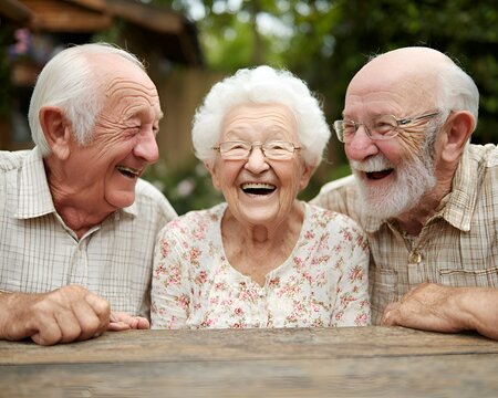 Three joyful elderly friends laughing cheerfully around a wooden table outdoors, sharing a moment of happiness