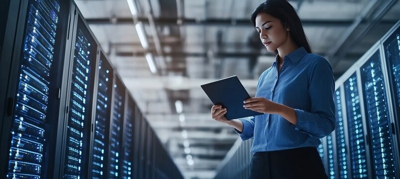 Asian IT Specialist Analyzing Complex Databases in a High-Tech Data Center with Advanced Servers