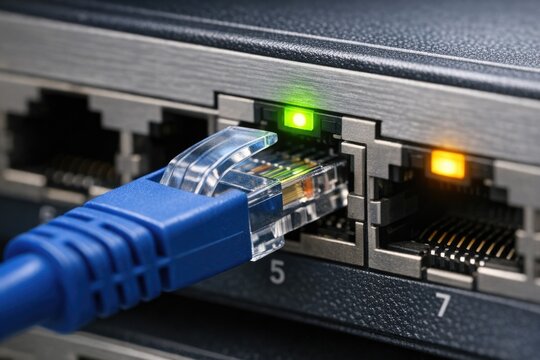 Close-up shot of a blue Ethernet cable plugged into a router